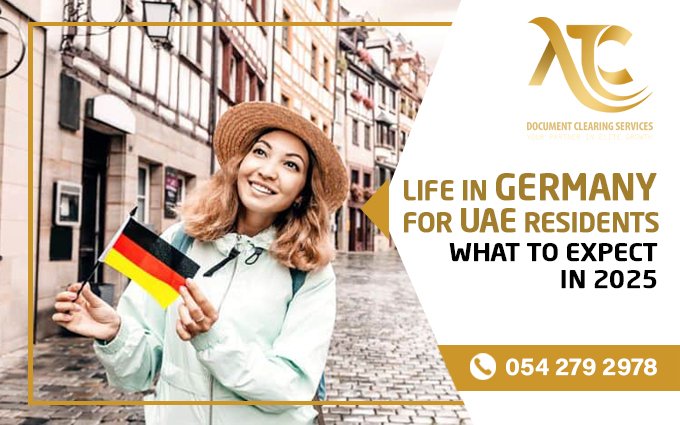 UAE expat experiencing daily life in Germany with modern city background